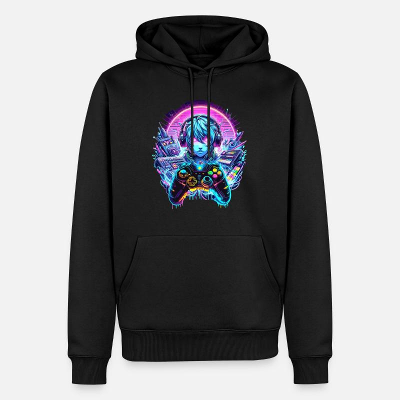 Gamer Headset Anime Synthwave Art - Männer Premium Bio Hoodie - Schwarz