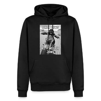 Rottweiler-Hund fährt Motorrad in der Wüste - Männer Premium Bio Hoodie - Schwarz - Vorne - Nico (187cm)