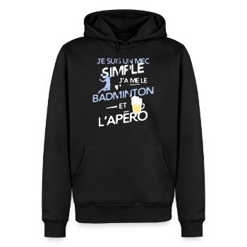 Badminton - un mec simple - Sweat à capuche Premium bio Homme - noir - Devant - Nico (187cm)