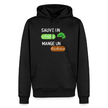 t shirt sauve un arbre mange un bûcheron humour - Sweat à capuche Premium bio Homme - noir - Devant - Nico (187cm)