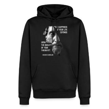 Stoic quote Marcus Aurelius Happiness Of Your Life - Men’s Premium Organic Hoodie - black - Front - Nico (187cm)
