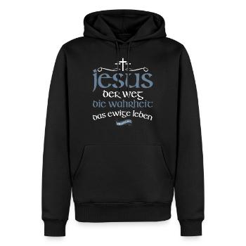 Jesus Christus Shirt Bibelvers Ich bin der Weg - Männer Premium Bio Hoodie - Schwarz - Vorne - Nico (187cm)
