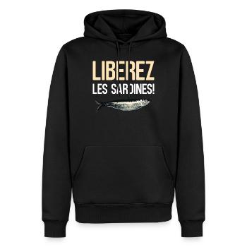 Liberez les sardines - Sweat à capuche Premium bio Homme - noir - Devant - Nico (187cm)