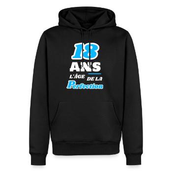 18 ans l’âge de la perfection anniversaire humour - Sweat à capuche Premium bio Homme - noir - Devant - Nico (187cm)