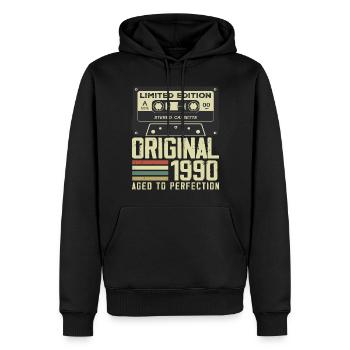 34e Cadeau Anniversaire Style rétro 1990 - Sweat à capuche Premium bio Homme - noir - Devant - Nico (187cm)