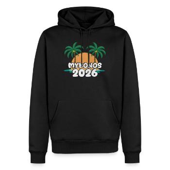 Mykonos 2026 - Men’s Premium Organic Hoodie - black - Front - Nico (187cm)