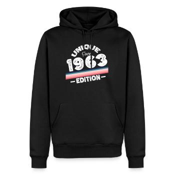 Unique depuis 1963 Edition Anniversaire Millésime 1963 - Sweat à capuche Premium bio Homme - noir - Devant - Nico (187cm)