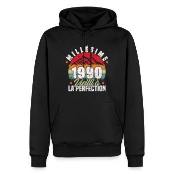 Millésime 1990, Cadeau D'anniversaire Vintage 1990 - Sweat à capuche Premium bio Homme - noir - Devant - Nico (187cm)