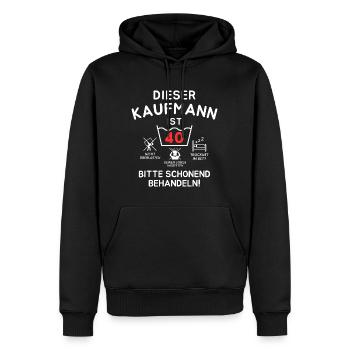 This merchant is 40 years old. - Men’s Premium Organic Hoodie - black - Front - Nico (187cm)