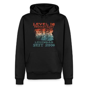 LEVEL 18 FREIGESCHALTET Legendär seit 2006 Jungs - Männer Premium Bio Hoodie - Schwarz - Vorne - Nico (187cm)