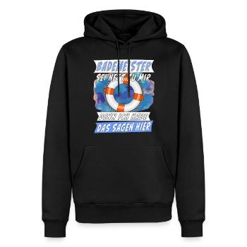 BADEMEISTER SEI NETT ZU MIR - Männer Premium Bio Hoodie - Schwarz - Vorne - Nico (187cm)