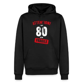 Achtung Ich bin jetzt 80 Fragile 80. Geburtstag - Männer Premium Bio Hoodie - Schwarz - Vorne - Nico (187cm)