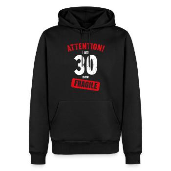 Achtung Ich bin jetzt 30 Fragile 30. Geburtstag - Männer Premium Bio Hoodie - Schwarz - Vorne - Nico (187cm)