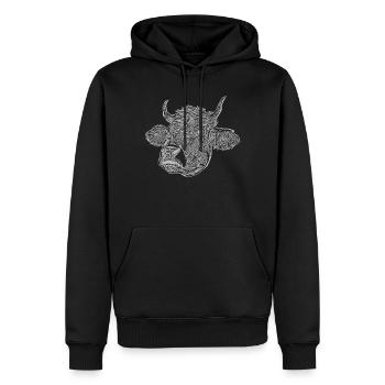 Kuh Bauernhof Bauer Aufdruck Tiermotiv bedruckt - Männer Premium Bio Hoodie - Schwarz - Vorne - Nico (187cm)