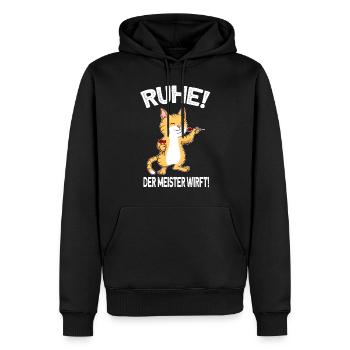 Der Meister Wirft - Katze Darts Dartspieler - Männer Premium Bio Hoodie - Schwarz - Vorne - Nico (187cm)
