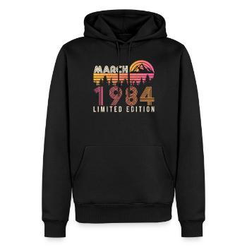 Né en mars 1984 Retro - Sweat à capuche Premium bio Homme - noir - Devant - Nico (187cm)