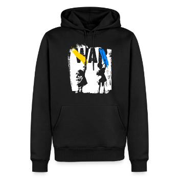 Ukraine | Kein Krieg - Männer Premium Bio Hoodie - Schwarz - Vorne - Nico (187cm)