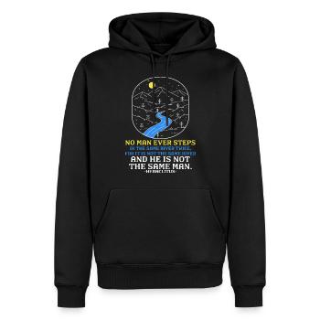 "Never the Same River Twice" Heraclitus Wisdom Art - Men’s Premium Organic Hoodie - black - Front - Nico (187cm)