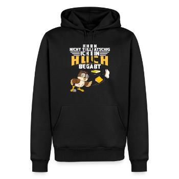 Eule Pechvogel Huch begabt und nicht tollpatschig - Männer Premium Bio Hoodie - Schwarz - Vorne - Nico (187cm)