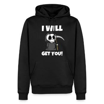 Je vais vous avoir! - Drôle de Faucheuse - Sweat à capuche Premium bio Homme - noir - Devant - Nico (187cm)