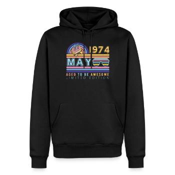 Millésime de mai 1974 - Sweat à capuche Premium bio Homme - noir - Devant - Nico (187cm)