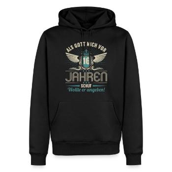 Als Gott mich vor 16 Jahren schuf wollte angeben - Männer Premium Bio Hoodie - Schwarz - Vorne - Nico (187cm)