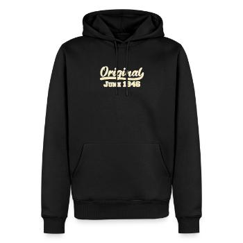 76e anniversaire Juin né 1946 Idée cadeau - Sweat à capuche Premium bio Homme - noir - Devant - Nico (187cm)