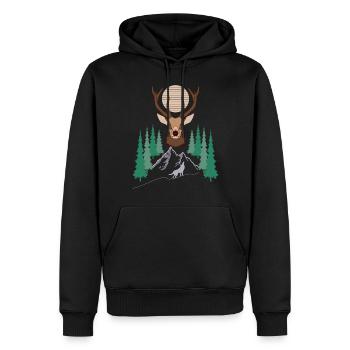 Hirschmotiv im Wald in den Bergen mit Wolf - Männer Premium Bio Hoodie - Schwarz - Vorne - Nico (187cm)