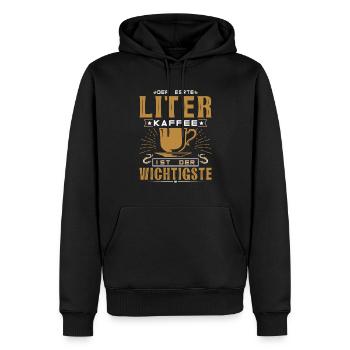 Kaffee Der erste Liter - Männer Premium Bio Hoodie - Schwarz - Vorne - Nico (187cm)