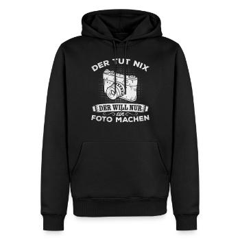 Photographie Il ne fait rien il veut juste une photo - Sweat à capuche Premium bio Homme - noir - Devant - Nico (187cm)