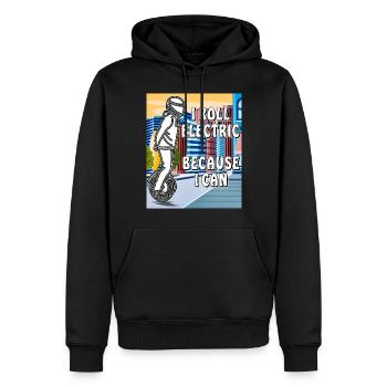 MANN EINRAD I ROLL ELECTRIC BECAUSE I CAN - Männer Premium Bio Hoodie - Schwarz - Vorne - Nico (187cm)