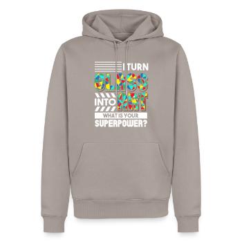 Je transforme le verre en art Dis-moi ton superpouvoir - Sweat à capuche Premium bio Homme - taupe - Devant - Nico (187cm)