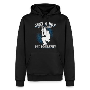 Photographe appareil photo Juste un garçon qui aime la photographie - Sweat à capuche Premium bio Homme - noir - Devant - Nico (187cm)