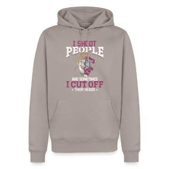 Ich erschieße Menschen, manchmal schneide ich - Männer Premium Bio Hoodie - Taupe - Vorne - Nico (187cm)