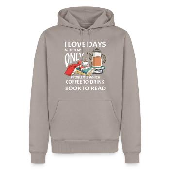 Kaffee mit Buch - Bücherwurm Spruch - Männer Premium Bio Hoodie - Taupe - Vorne - Nico (187cm)