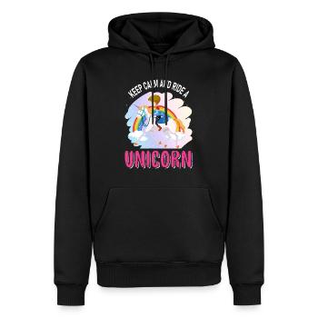 Restez calme et montez une licorne licorne - Sweat à capuche Premium bio Homme - noir - Devant - Nico (187cm)