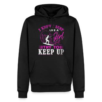 Surfen Ich weiß, ich surfe wie ein Mädchen - Männer Premium Bio Hoodie - Schwarz - Vorne - Nico (187cm)