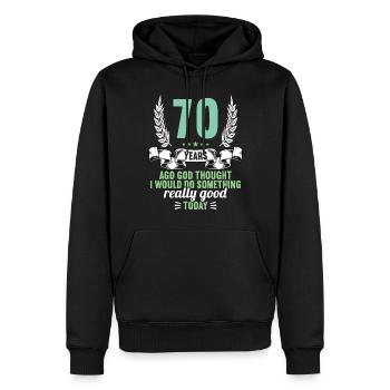 Il y a 70 ans, Dieu pensait bien 70 ans - Sweat à capuche Premium bio Homme - noir - Devant - Nico (187cm)