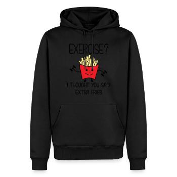 Exercice? Je pensais que vous aviez dit des frites supplémentaires. - Sweat à capuche Premium bio Homme - noir - Devant - Nico (187cm)