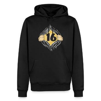 16 HEMD AUFZIEHEN - Männer Premium Bio Hoodie - Schwarz - Vorne - Nico (187cm)
