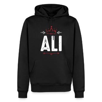 Ali - Männer Premium Bio Hoodie - Schwarz - Vorne - Nico (187cm)