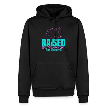 Raised by mermaids and unicorns - Men’s Premium Organic Hoodie - black - Front - Nico (187cm)
