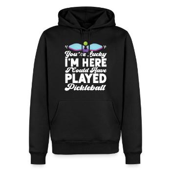 Pickleball Tu as de la chance que je sois là I - Sweat à capuche Premium bio Homme - noir - Devant - Nico (187cm)