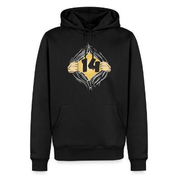 14 HEMD AUFZIEHEN - Männer Premium Bio Hoodie - Schwarz - Vorne - Nico (187cm)