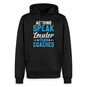 Soccer - Les actions sont plus éloquentes que les entraîneurs - Sweat à capuche Premium bio Homme - noir - Devant - Nico (187cm)