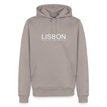 Lissabon Spruch - Männer Premium Bio Hoodie - Taupe - Vorne - Nico (187cm)