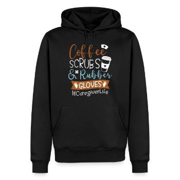 Gommages à café et gants en caoutchouc Vie des aidants - Sweat à capuche Premium bio Homme - noir - Devant - Nico (187cm)
