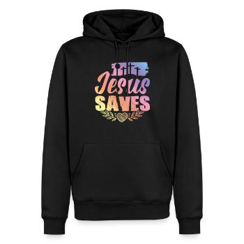 Jesus Saves - Männer Premium Bio Hoodie - Schwarz - Vorne - Nico (187cm)