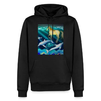 Cheval nageant avec des dauphins peignant - Sweat à capuche Premium bio Homme - noir - Devant - Nico (187cm)