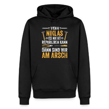 Lustiges Niklas Handwerker Heimwerker Sprüche - Männer Premium Bio Hoodie - Schwarz - Vorne - Nico (187cm)